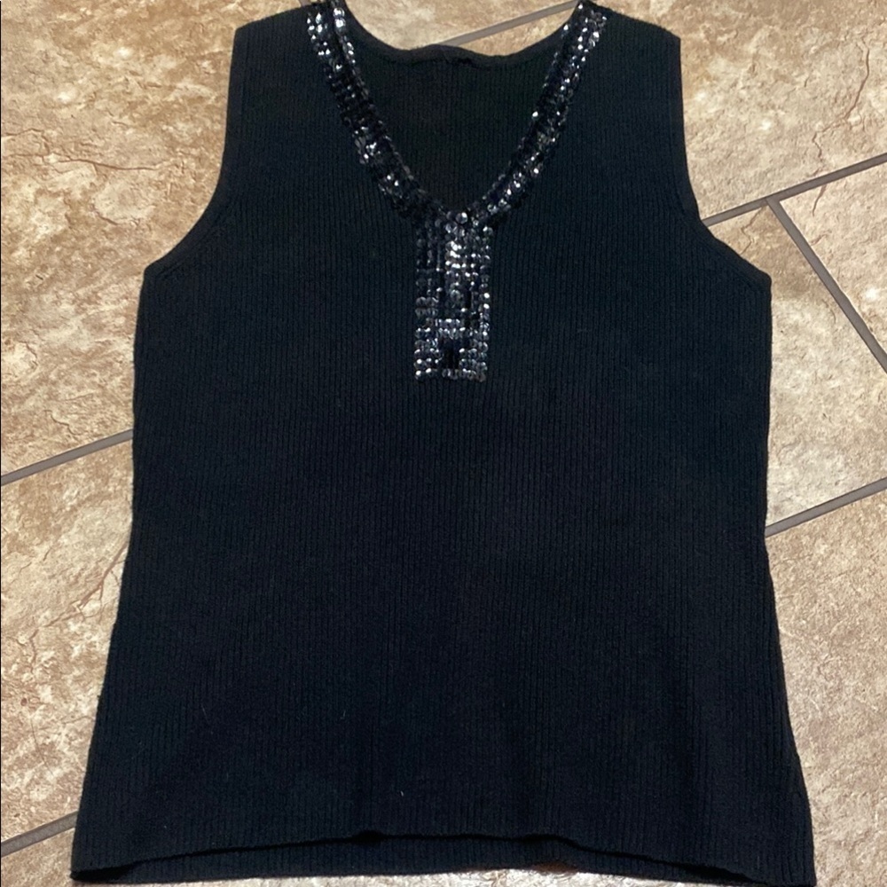 Embellished Black Fitted Sleeveless Ribbed  Knit Top Spring Summer Sequins
